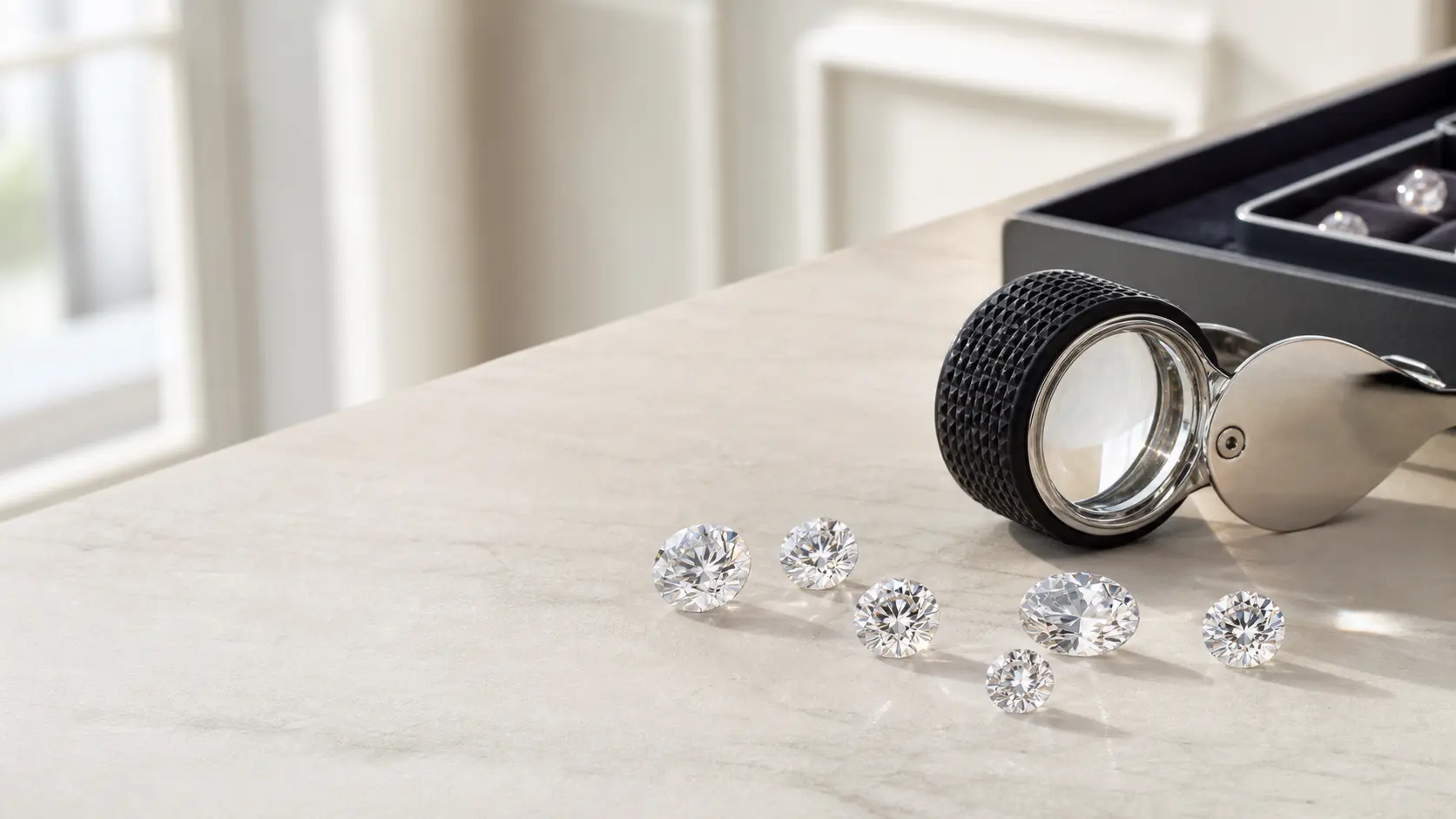 Lose Diamanten mit Juwelierlupe auf hellem Atelierstein