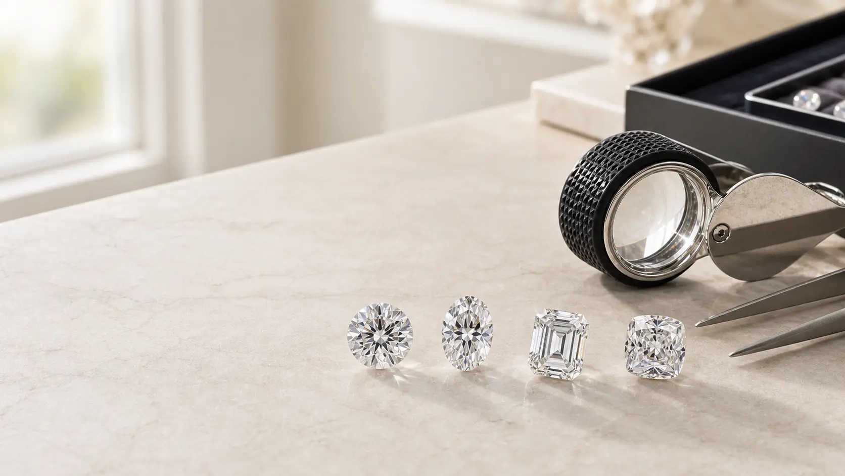 Vier lose Diamanten mit Juwelierlupe