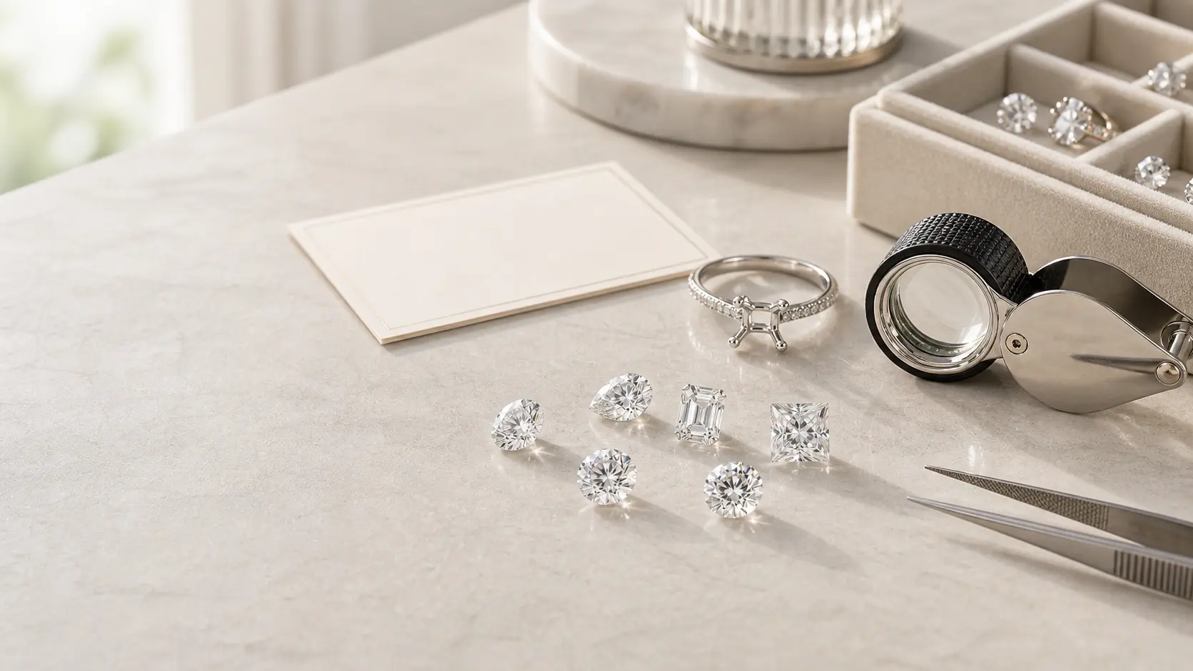 Diamanten, Juwelierlupe und Ringfassung
